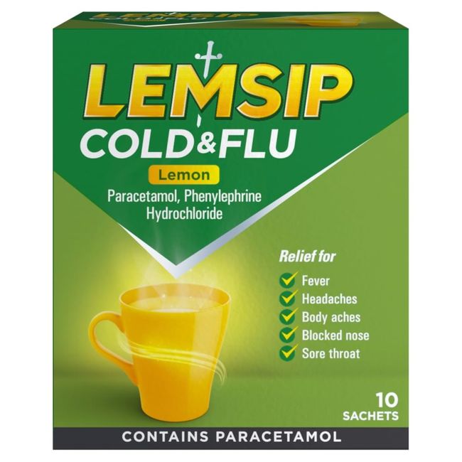 Lemsip Cold & Flu Lemon Sachets Paracetamol Sore Throat 10s