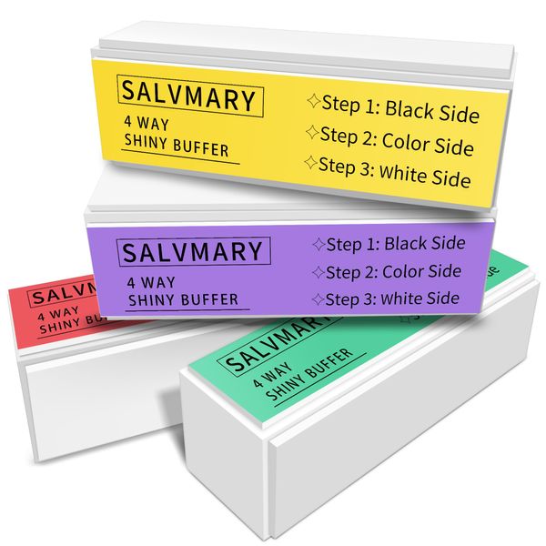 3 Way Nail Buffer Blocks - SALVMARY Buffing Sanding Block File with 3 Different Grit (320/400/6000) for Easy Gel Polish and Acrylic Prep, Shiny Glossy Surface for Natural Nails, 4 Count