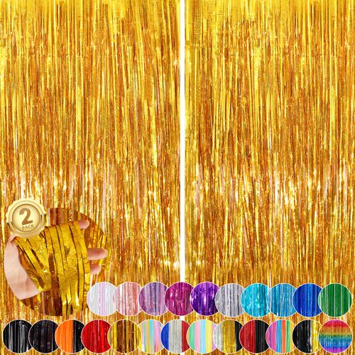 2Pack 3.3 x 8.3 Ft Gold Party Streamers, Tinsel Streamers Birthday Party Decorations, Fringe Backdrop for Graduation, Baby Shower, Door Streamers Tinsel Curtain Gender Reveal New Year Party Streamers