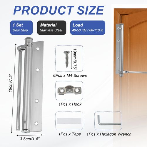 PATIKIL 7 Inch Spring Door Closer, Spring Door Stop Screen Door Latch Security Door Stopper with Adjustable Closing Speed for Home Hinge Door, Silver Tone