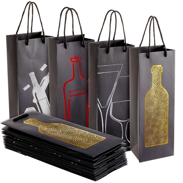 Juvale 12-Pack Wine Gift Bags with Rope Handles, 4 Assorted, Elegant Black Metallic Foil Designs for Wine Bottles, Liquor, Champagne, Sparkling Cider (13.7x4.6x4 inches)