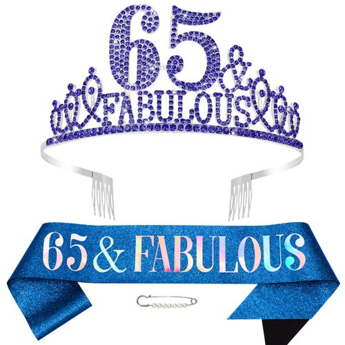Hapdoo Royal Blue 65th Birthday Decoraions for Women, 65th Birthday Sash and Crown Happy 65 and Fabulous Tiara and Sash Set Party Decorations