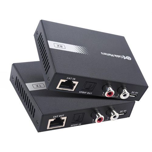 Cable Matters 990ft Extra Long Range Audio Over Ethernet Adapter Kit with Built-in Digital to Analog Converter(DAC), Support Optical Audio Toslink, L/R RCA (Audio Extender Over Cat5e/Cat6 Adapter)