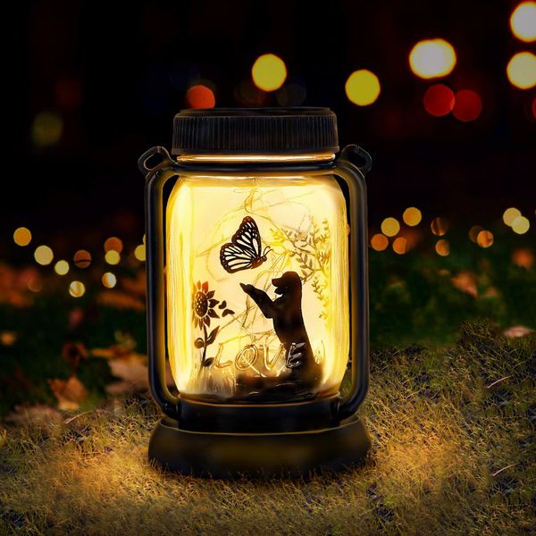 Styleonme Decor Mobile Outdoor Solar Lanterns, Dog & Butterfly Fairy Lights Theme Garden, Mason Jar Solar, Gifts for Women,Mom, Grandma, Everyone, Cat Themed Gifts, Garden Fence Patio Lawn Decor