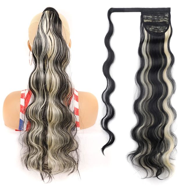 Cybelleza Pferdeschwanz Haarteil Zopf Extensions Clip in Hair Extensions Ponytail Haarverlängerung Kunsthaare Gewellt Synthetik Haar Lang Gewickelt für Frauen 60cm 100g, Schwarz & Gebleichtes Blond