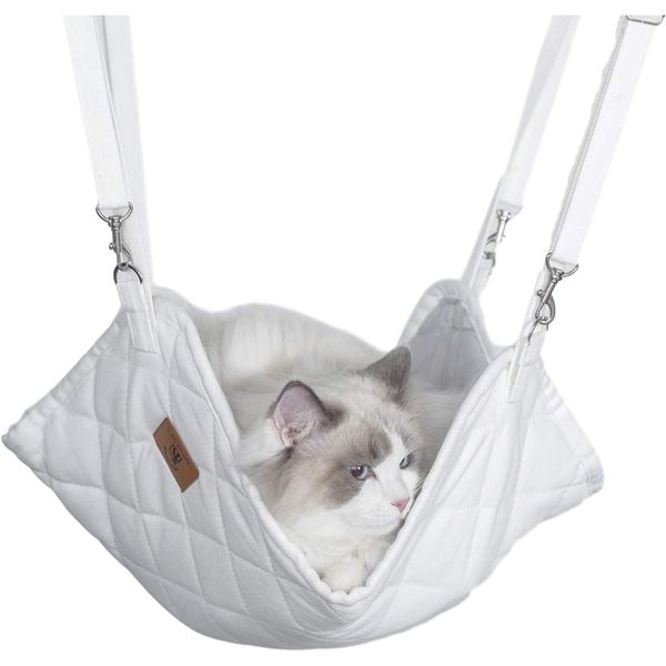 PEOPLE&PETS Cat Hammock Hanging Bed Cage Reversible Adjustable Length for Winter Summer 50x45cm Up to 10kg Quilted White