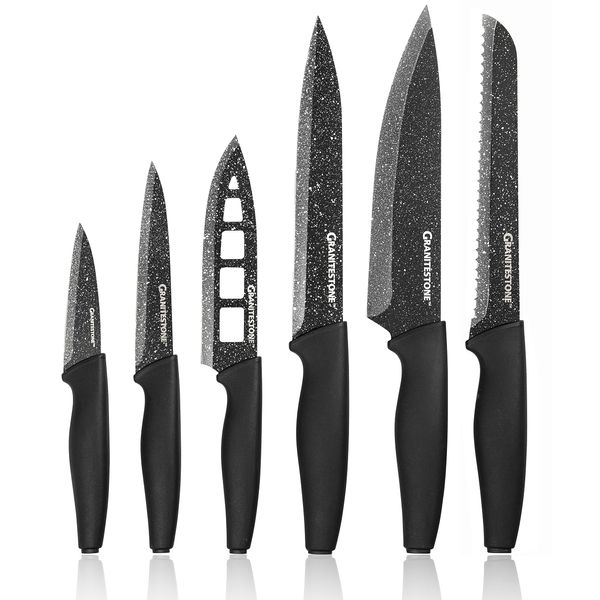 Granitestone Nutriblade 6 PC Knife Set, Professional Kitchen Chef’s Knives with Ultra Sharp Stainless Steel Blades and Nonstick Granite Coating, Easy-Grip Handle, Rust-proof, Dishwasher-safe, Black