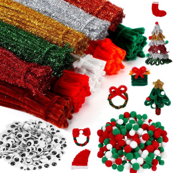 DaisyInner 1200 Pcs Pipe Cleaners Set Includes 500 Multicolor Chenille Stems in 10 Colors 500 Self Adhesive Wiggle Googly Eyes and 200 Pompoms Balls for DIY Project Art Craft Supplies (Christmas Set)