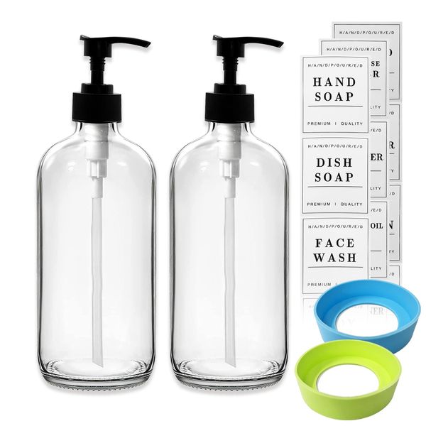 Daily Treasures 17.5Oz Clear Glass Soap Dispenser Bathroom, 2Pack Soap Dispenser Set with Anti-Slip Silicone Base, Soap Dispenser Bottle with Pump for Bathroom, Countertop, Kitchen, Laundry Room