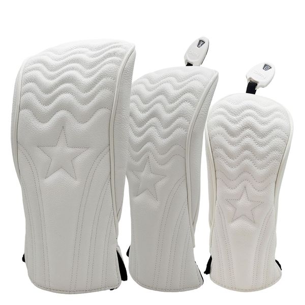 Golf Headcover Premium PU Leather Driver DR Wood FW 2 Piece Headcover 3 Piece Set with Wave Conversion Doug (White)