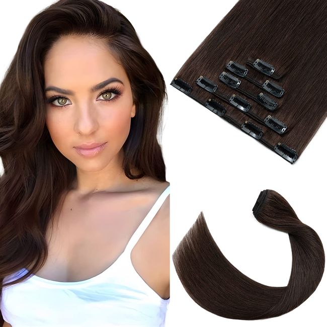 Elailite 5 PCS Echthaar Extensions Clip - Clip in Extensions Haarverlängerung - Clip Extensions Echthaar Günstig - glatt - 16"(40cm 60g) #02 Dunkelbraun