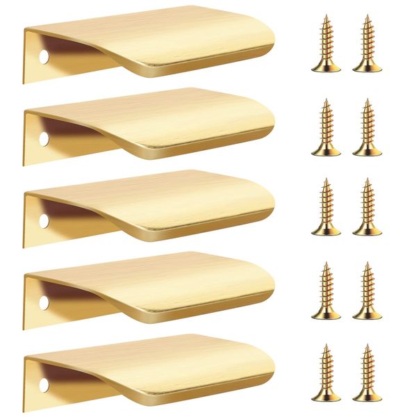 KALIONE 5 Pack Gold Finger Edge Pulls for Cabinets Gold Handles for Drawers Aluminum Drawer Pulls Gold Kitchen Cabinet Handles Concealed Tab Pulls for Closet Door 3.15inch 80mm Brushed Brass