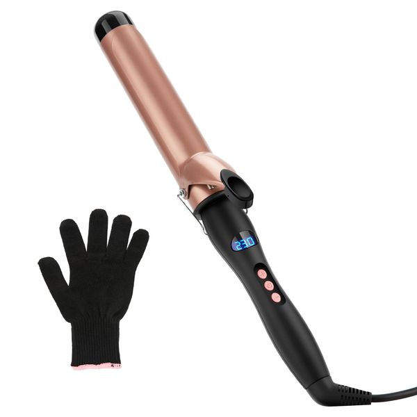LXMTOU Curling Tongs 38mm Large Barrel Curling Wand Big Curls for Long Hair Thick Wide Curling Iron with Glove 100°C-230°C Adjustable Temperature Auto-Off Gold (38mm)