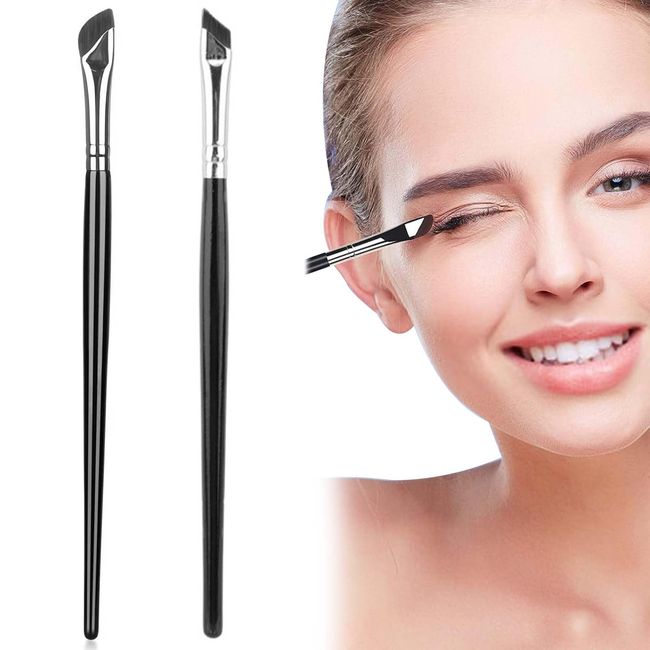 Eyeliner Brush, Eyebrow Brush, Eyebrow Brush, Eye Makeup Brush, Set of 2, Black, Diagonal, Ultra-Thin, Cosmetic Supplies, Portable, Easy to Use, Gentle, Easy to Draw