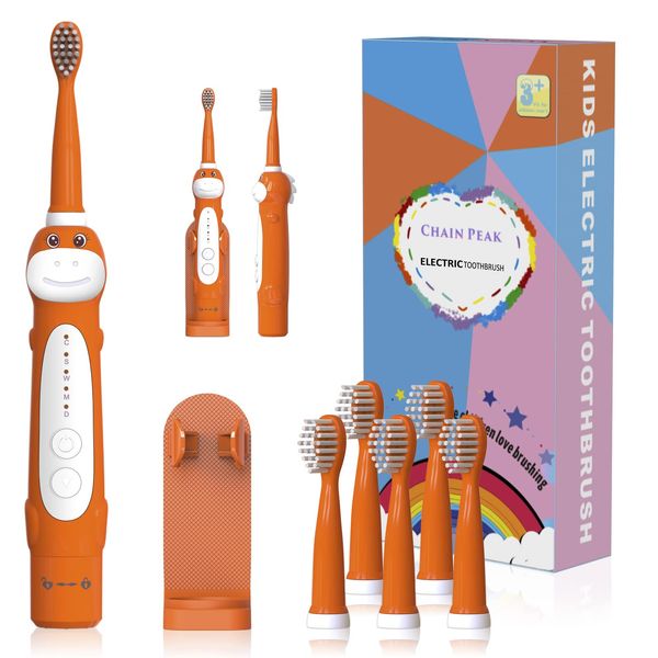 CHAIN PEAK Dinosaur Electric Toothbrush, Kids Sonic Toothbrush for Children, Toddlers Boys Girls Age 3-12 with 30s Reminder, 2 Mins Timer, 5 Modes, 6 Brush Heads