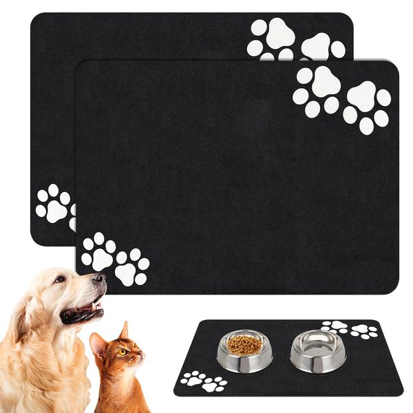 Bowl Mat Dog and Cat, 2 Pieces 60 x 40 cm Non-Slip Bowl Mat, Super Absorbent Dog Bowl Mat, Cat Feeding Mat with Paw Pattern, Waterproof Feeding Mat for Pets (60 x 40 cm, A)