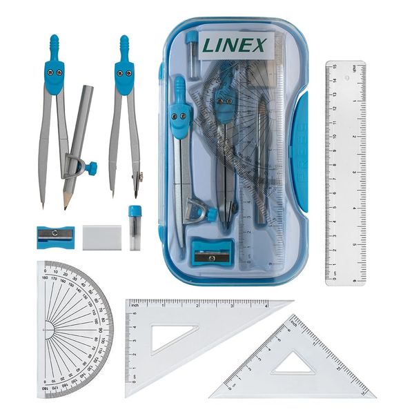 Linex Blue Geometry Set, Maths Set for Exams, Secondary School, 10 Pieces, Compasses, Protractor