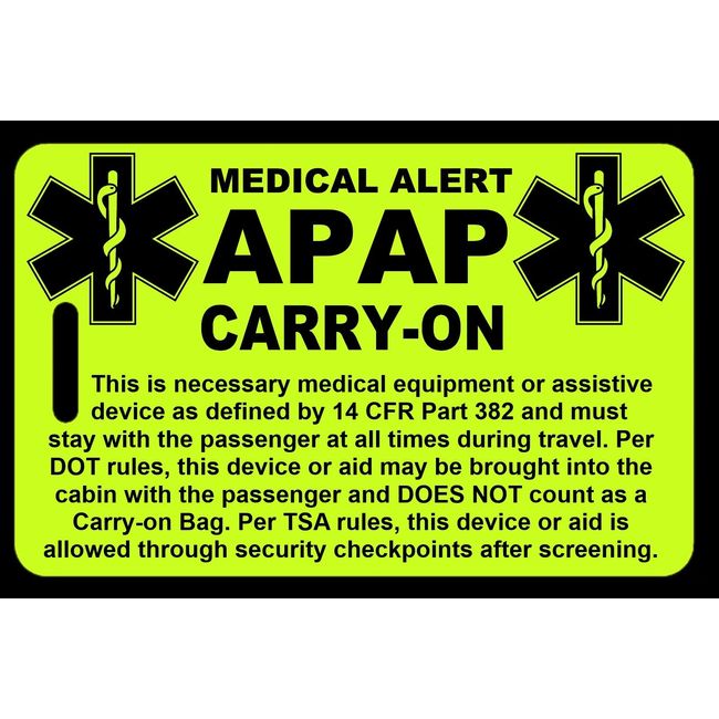 Hi-Viz Yellow Carry-On APAP  Bag Tag - TSA - Sleep Apnea