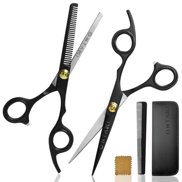 ONTAKI Hair Cutting Scissors Thinning Shears Kit - 7” Overall Length Professional Hair Scissors Set - Japanese Steel Hair Shears with 1 Comb & Pouch - Razor Edge Barber Scissors for Men & Women Black