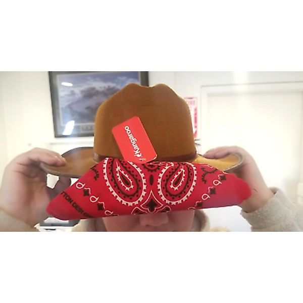 KANGAROO BROWN COWBOY HAT WITH RED BANDANNA, 14" LONG, OPENING 8"L x 6.5"W x 3"H