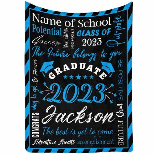 2023 Graduation Decorations Gifts Blanket for Her Him Blue Post Card Border 2023 Graduate Custom Name Graduate Blanket Graduate Souvenir for Senior Students Throw Blanket on Graduation Season 50x60