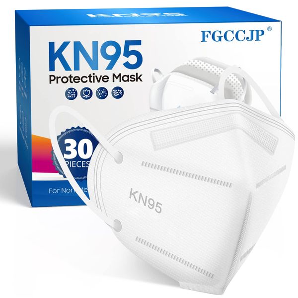 KN95 Face Mask 30pcs Disposable Face Masks Individual Packed Safety 5 Layers Breathable Cup Dust Masks Filtration>95% for Adults Men Women(White)