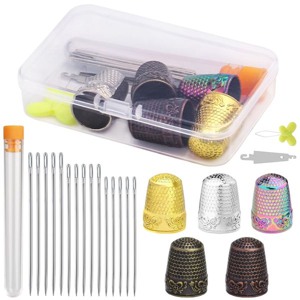 Nitlak Metal Thimble Set & Large Eye Sewing Needle Kit, Sewing Thimble Finger Protector, with Needle Threader, Needle Storage Container, Plastic Storage Box, Thimbles for Hand DIY Sewing