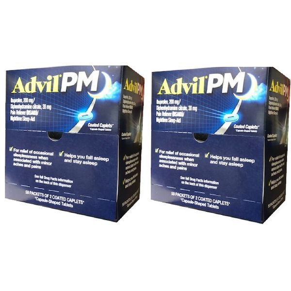 Advil PM 2 Boxes of 50-ct Single Dose 2-ct Caplets Dispenser Box