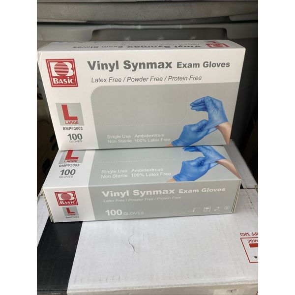 Basic Medical Synmax Vinyl Exam Gloves - Latex & Powder Free Size Large Lot Of 2