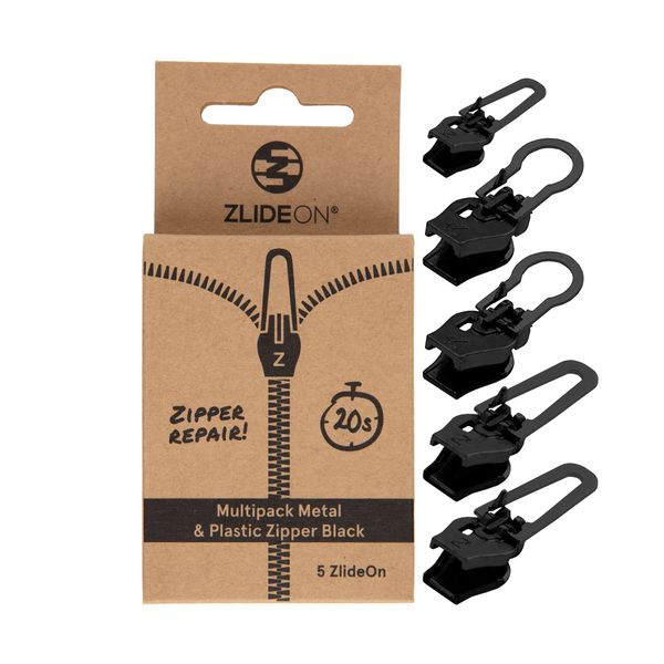 ZlideOn Zipper Pull Replacement - 5pcs, Black, Normal - Instant Zipper Replacement Slider Multipack