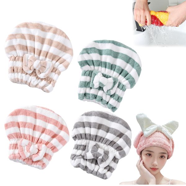 PUENBKO Super Absorbent Hair Towel Wrap for Wet Hair, Ultra Absorbent Hair Quick Drying Hair Cap, Microfiber Wet Hair Dry Cap, Bow Knot Hair Dry Cap (4pcs B)