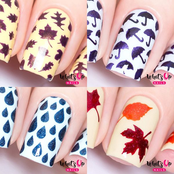 Fall Autumn Nail Vinyl Stencils 4pcs (Umbrellas, Fall, Rain, Leaves) for Nail Art Design