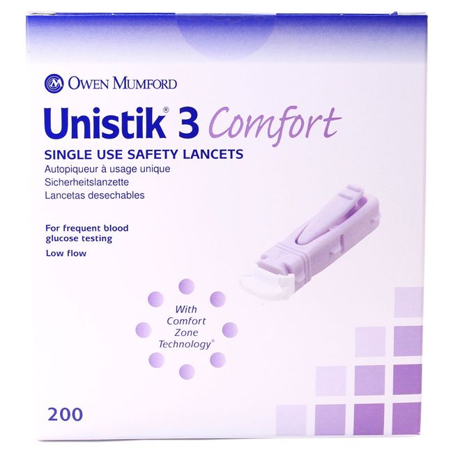 Unistik 3 Comfort Safety Lancets - Box of 200 - 28G with 1.88mm Penetration Dept