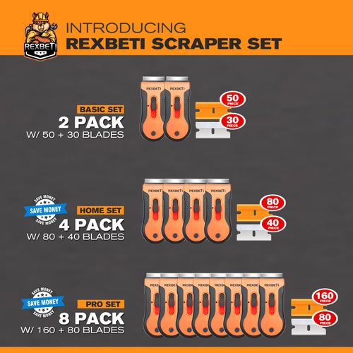 REXBETI Razor Blade Scraper Tool, 2 Pack Razor Scraper Set with Extra 30Pcs Metal and 50Pcs Plastic Blades, Cleaning Scraper Tool, Cooktop, Paint, Glass Scraper