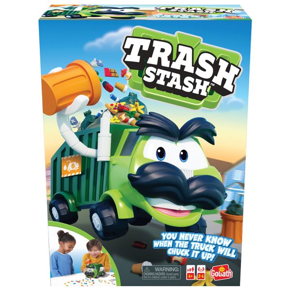 Goliath Trash Stash Game - Fill Trashcan, Watch It Dump Into Garbage Truck Or Truck Chucks It Up - No Reading Required, Ages 4 and Up, 2-4 Players , Green