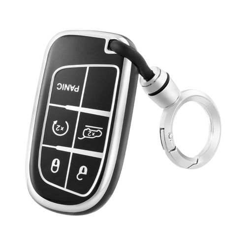 OFF WE GO for Jeep Key Fob Cover with Keychain, Soft TPU Protection Key Case Compatible with Grand Cherokee Renegade Dodge Durango Challenger Journey Smart Key (Silver Black)
