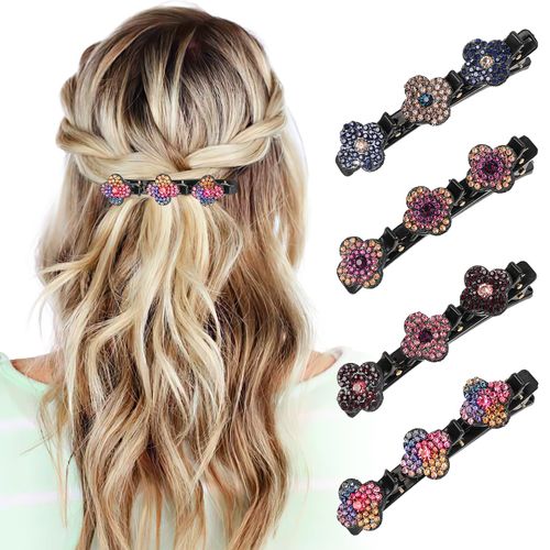 Braided Hair Clips For Women - Sparkling Crystal Stone Hair Clips For Styling Sectioning with 3 Small Hair Barrettes, Hair Accessories Four-Leaf Chopped with Rhinestones for Women& Girls 4 PCS (# 1)