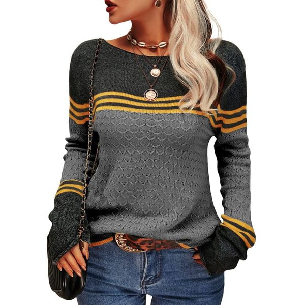 Tankaneo Women's Colour Block Jumper, Long Sleeve Round Neck Knitted Pullover, Striped Slim Fit Knitwear Tops, black