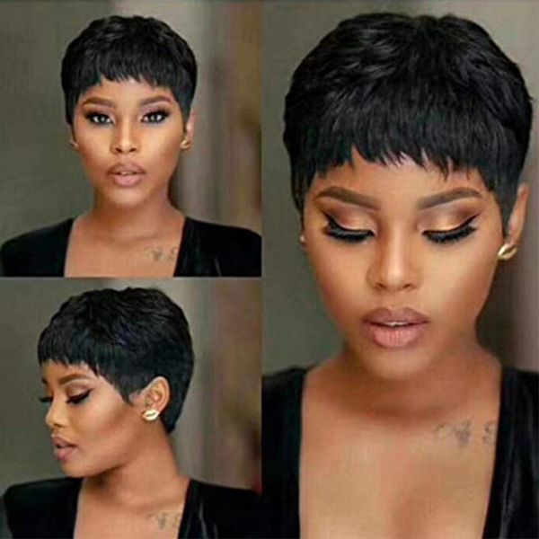 VRVOGUE Short Human Hair Pixie Wigs Pixie Cut Short Black Wavy Wigs Layered Short Human Hair Wigs for Black Women (Pixie Cut Wigs, 1B#)