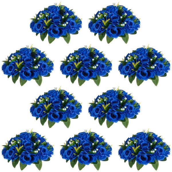 NUPTIO Flower Ball Arrangement Bouquet - 10 Pcs 9.5 inch Diameter Royal Blue Fake Flowers Roses Balls for Centerpieces Tables - Artificial Rose Arrangements for Wedding Centerpiece Table Decorations