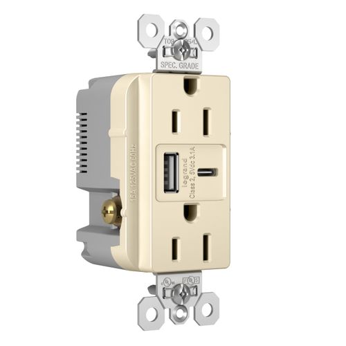 Legrand Pass & Seymour Radiant 15 Amp Wall Power Outlet with 3.1 Amp USB Charger, Light Almond