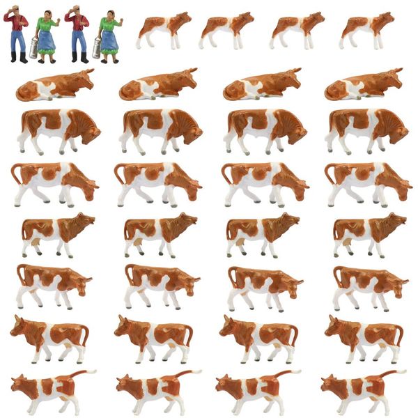 Farm Animals Figure Set,AN8705 36PCS 1:87 Well Painted Model Cows and Figures for HO Scale Model Train Scenery Layout Miniature Landscape New