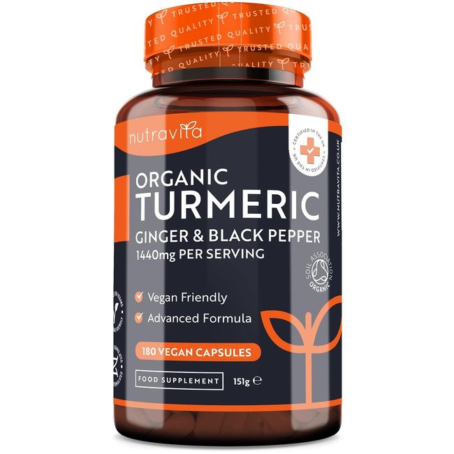 Organic Turmeric 1440mg (High Strength) with Black Pepper & Ginger - 180 Vegan Turmeric Capsules (3 Month Supply) – Organic Turmeric with Active Ingredient Curcumin - Made in The UK by Nutravita