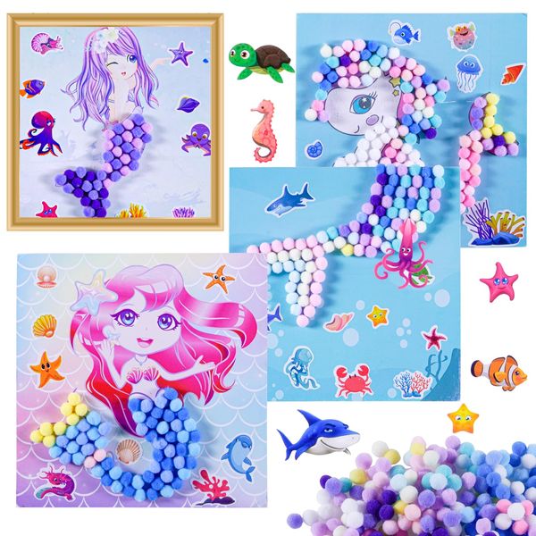 JHGCVX 4 Pcs Pom Pom Crafts Art Kits,Mermaid Crafts Pom Pom Painting for Girls Ages 4-7,Toddler DIY Toys Crafts Kits for Creating Imaginative Birthday Gifts