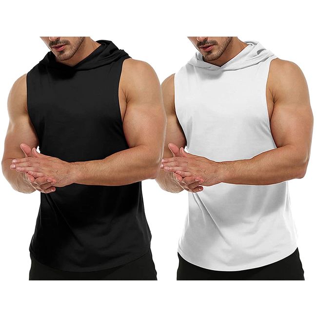 Rane Sports Herren Tank Top Ärmelloser Workout Sport Fitness Hoodie Muskelshirt für Gym Training Schwarz+Weiß 2er-Pack L