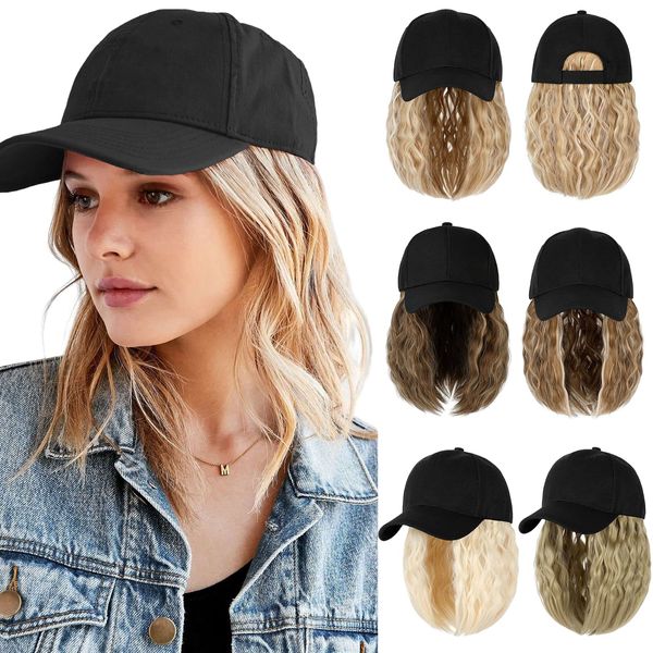 Qlenkay Baseball Cap Hair with 14 inch Wave Curly Bob Hairstyle Adjustable Wig Hat Attached Short Extensions Synthetic for Women Light Brown Mix Ash Blonde