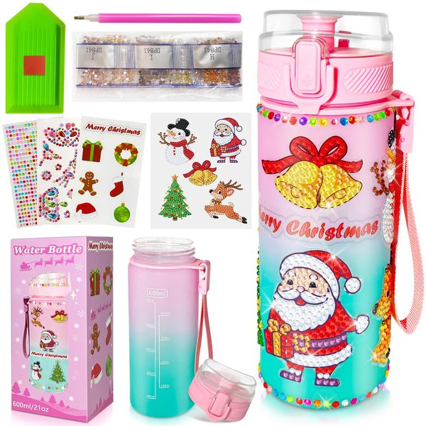 Bailiyake Decorate Your Own Water Bottle Kits for Christmas Gifts Girls,DIY Christmas Diamond Art Painting Crafts Kits,Christmas Stocking Stuffers Gifts for Girls,White Elephant Gifts (Pink)