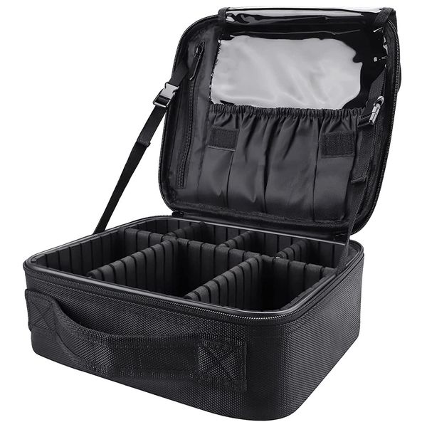 Travel Makeup Bag Organizer, Professional Cosmetic Bags Travel Cases, Capacity Make Up Tool Boxes Brushes Bags, w/ Adjustable Compartment Vanity Organizer Cases(Black), 26 L x 23 W x 9 H cm