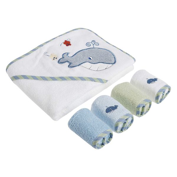 Spasilk Bath Hooded Towels & Washcloths Set for Babies, Hooded Terry Bath Towel & 4 Washcloths, Blue