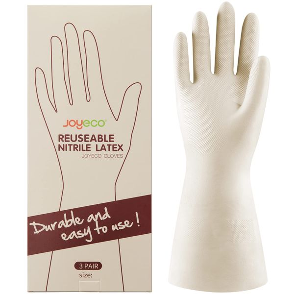 JOYECO Cleaning Gloves Dishwashing Kitchen Gloves Reusable Rubber 3 Pairs White, Medium